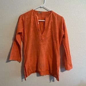 📚 Vintage 1969s Orange Peasant Shirt Size Small